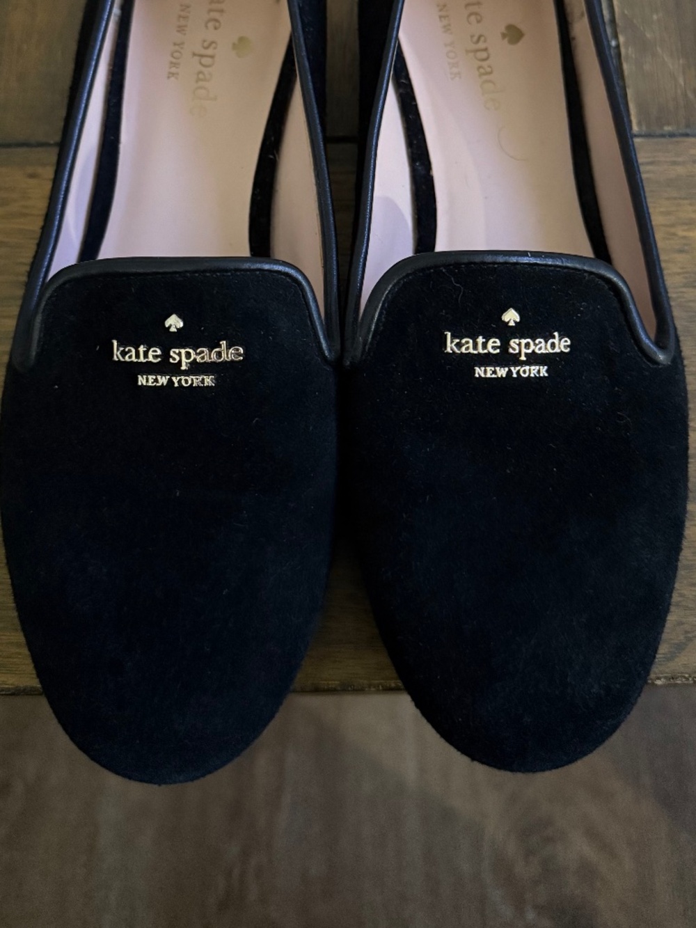 Kate Spade Claudia Classic Black Suede Loafer Gold Logo Women’s Size 6.5